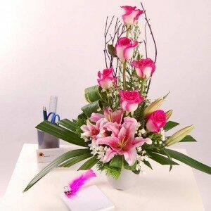 Admire with Pink Lilies Roses on Short Vase