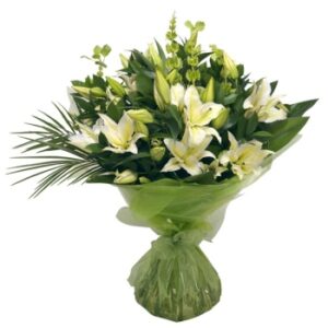 Sincere Solicitude – White Oriental Lilies Hand Bouquet