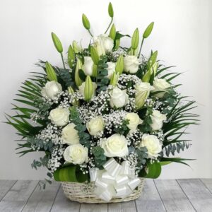 Fair Fusion – White Lilies Roses Basket Arrangement