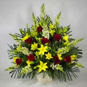 big flower basket with lilies and roses