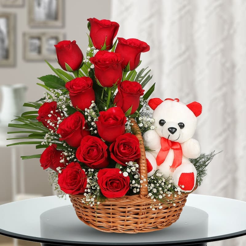 red roses with teddy combo