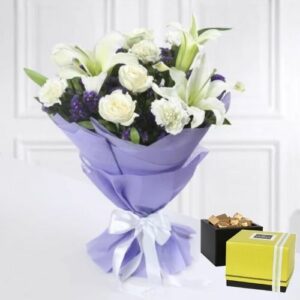 Send a white flowers bouquet and chocolates box together as a combo gift to your affectionate ones