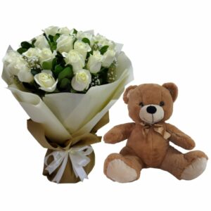 25 White Roses Hand Bouquet with Teddy Combo