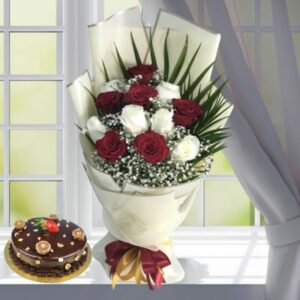 Red and White Roses with Chocolate Cake Combo