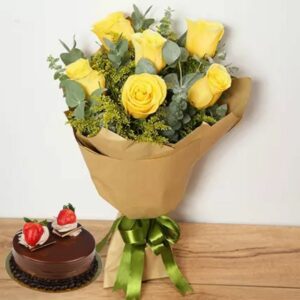 Bouquet of 6 Yellow Roses with Chocolate Cake