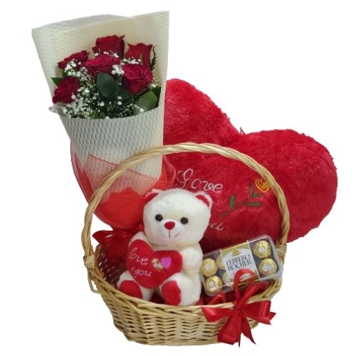 Gift Basket with Roses Teddy Bear Red Pillow Ferrero Rocher