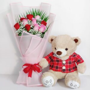 12 Red and Pink Roses Bouquet Teddy Bear Combo