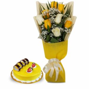 9 Yellow and White Roses Bouquet with Cake