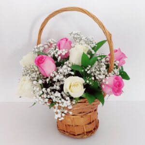 15 pink white roses basket