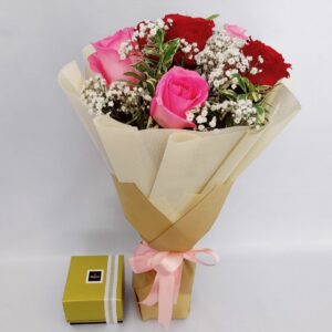 6 pink red roses and Patchi Gift Set