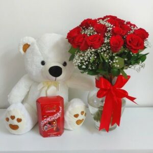 15 Red Roses in Glass Vase and Teddy
