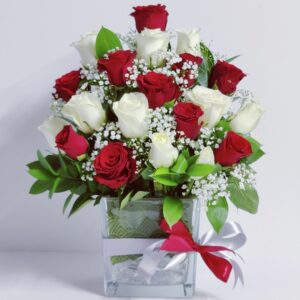 20 red and white roses in short vase