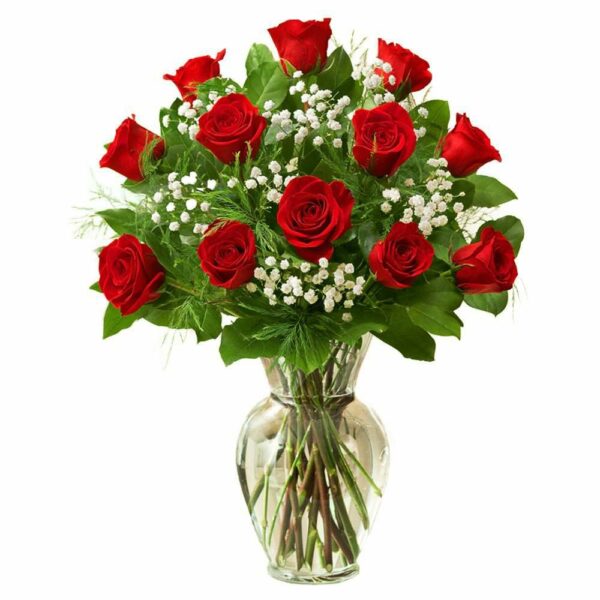 12 red roses vase