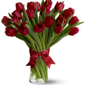 20 Red Tulips in Glass Vase wih Free Delivery
