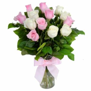 Acceptance - 12 Pink White Roses Flower Vase