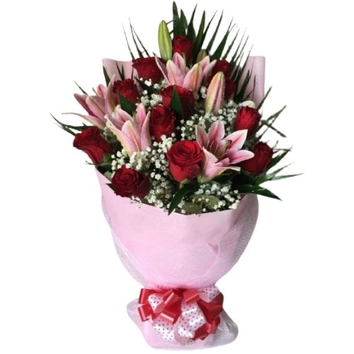 Pink Lilies Red Roses Bouquet with 21... 