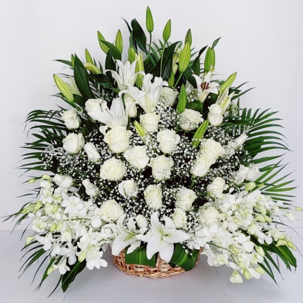 Big Fortune - White Roses Lilies Orchids Flowers Basket