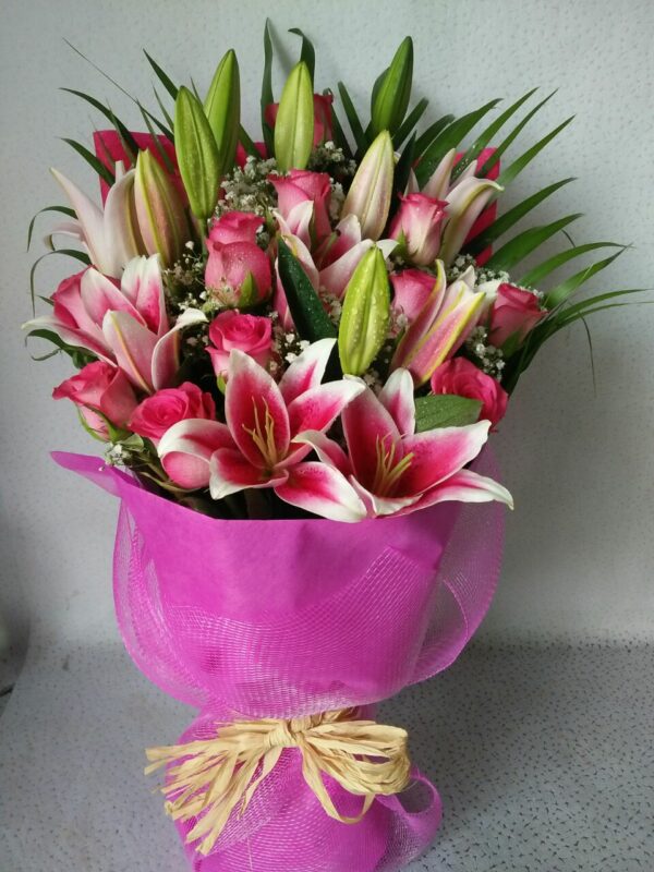Veracity -Pink Roses Lilies Premium Hand Bouquet