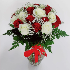 Cheer Up – 24 Red White Roses Vase Delivery in Sharjah