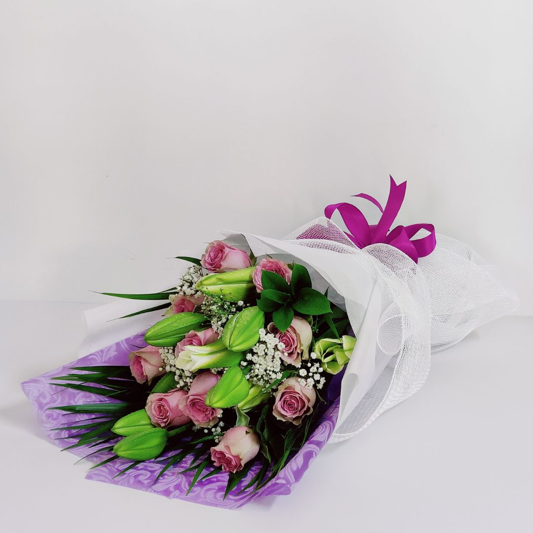 Purple white bouquet as just because gifts
