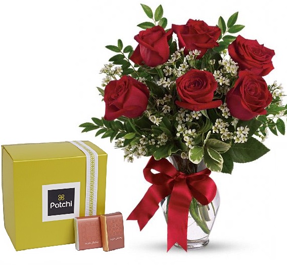 red roses vase patchi combo gift