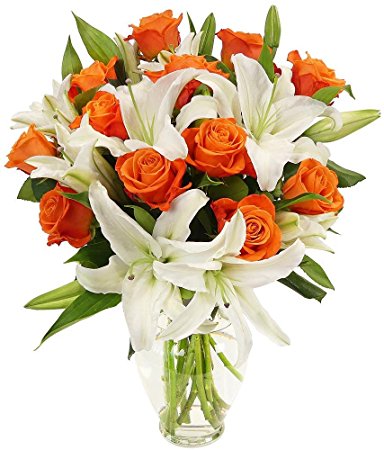 orange roses white lilies vase
