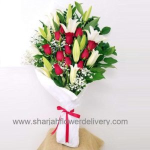 red roses white lilies bouquet delivery in Sharjah UAE