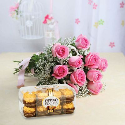 12 pink roses and ferrero
