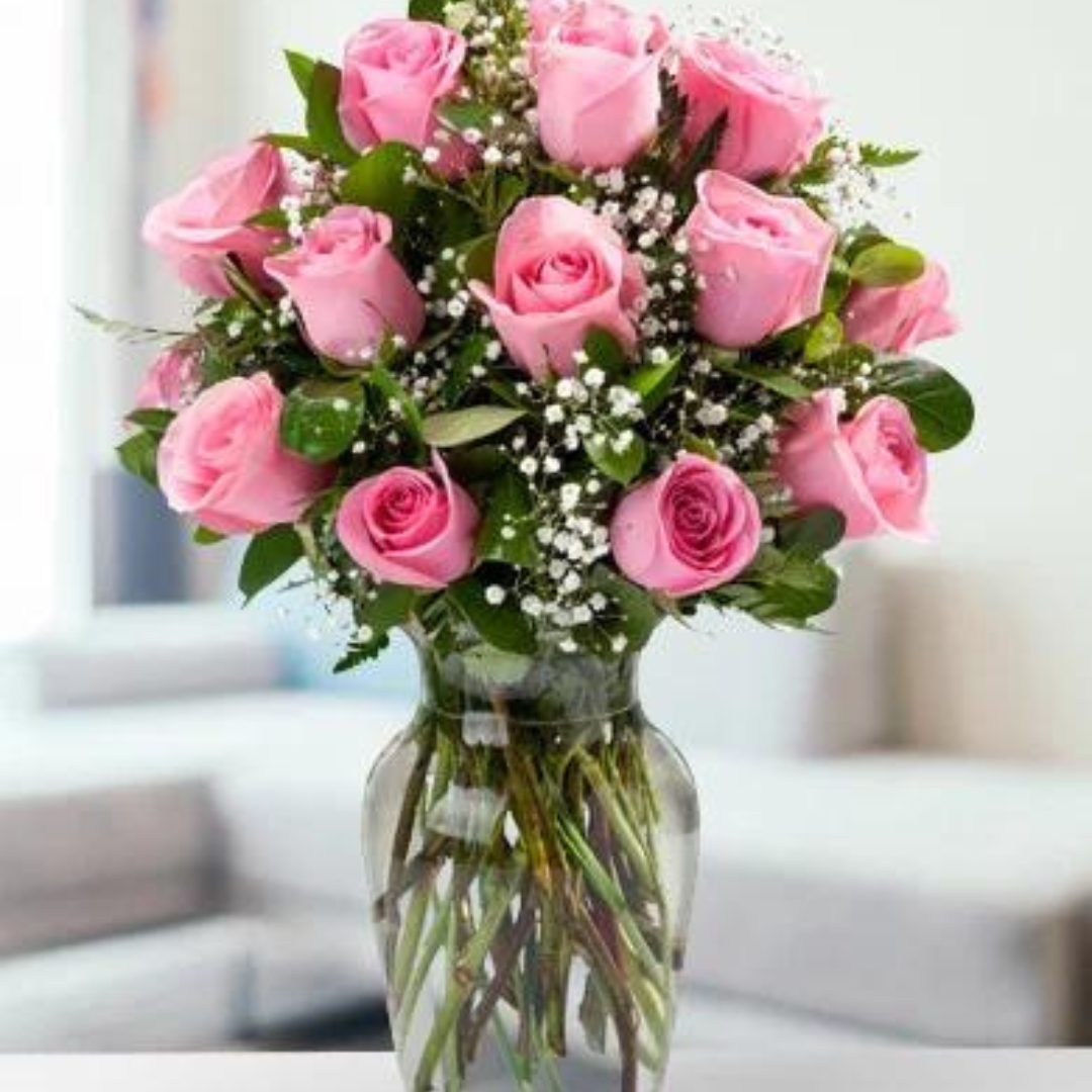 12 pink rose vase