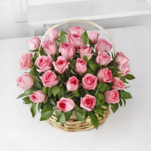 25 pink roses basket