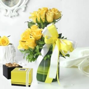 Send this elegant yellow flower bouquet and chocolates box to someone as a gift.
