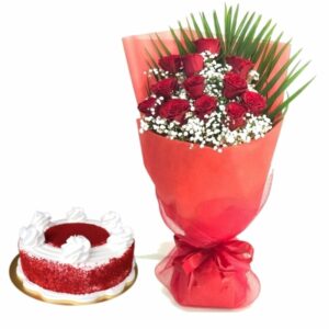 Gift: Bouquet of 12 red roses, arranged in a premium red wrapping and red ribbon bow + Red velvet cake- 500gms.