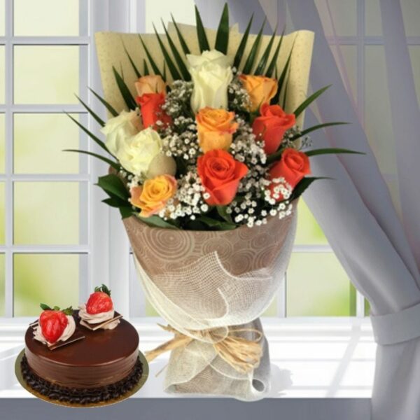 Bouquet of Mixed Roses with Chocolate Cake Online