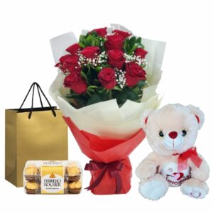 12 Red Roses Bouquet Ferrero Rocher Chocolate with Teddy Bear Combo|