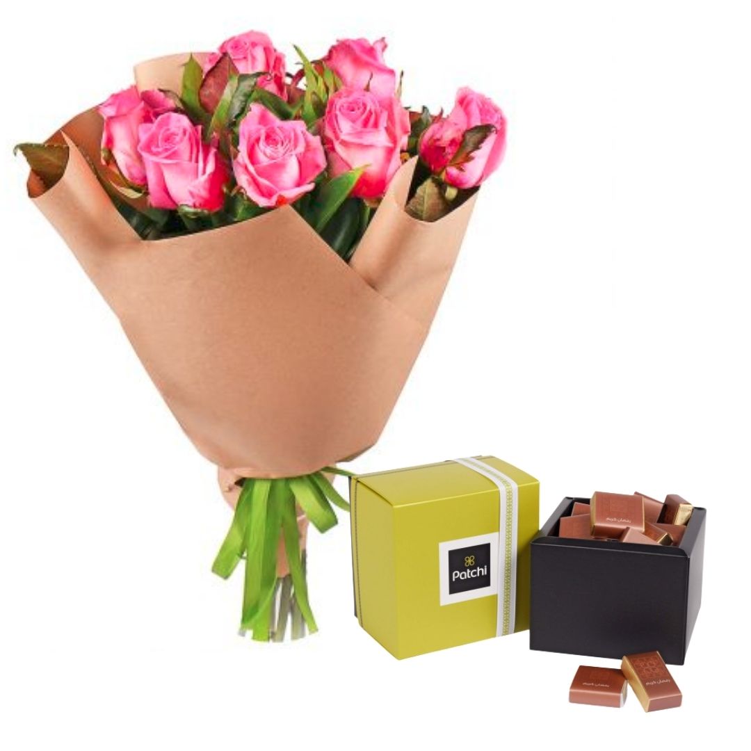 Bouquet of Pink Roses and Patchi Chocolates Online