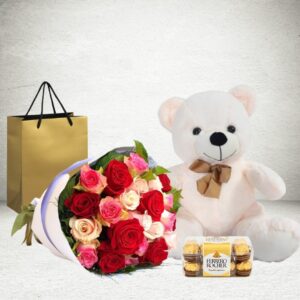21 Mix Roses Bouquet with Teddy Bear and Chocolate