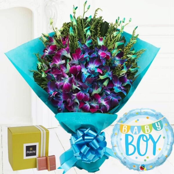 Baby Boy Combo Gift with Blue Orchids, Chocolate Balloon