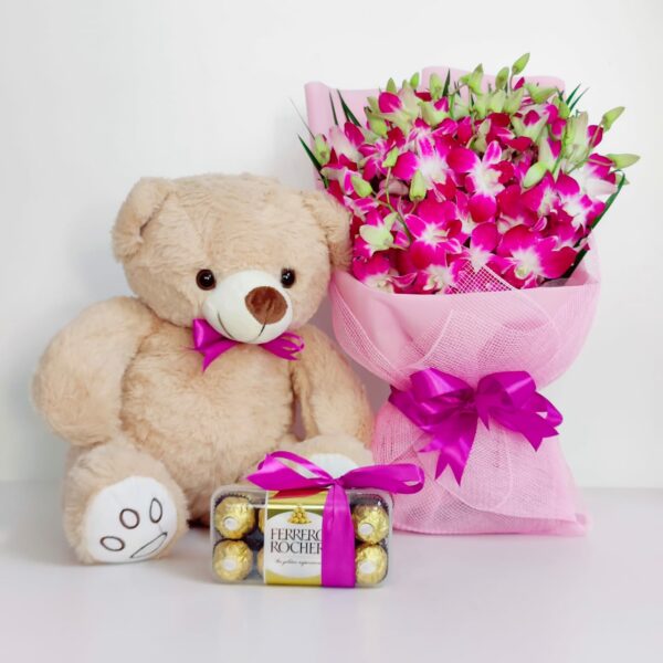 : Orchid Bouquet with Teddy and Ferrero Rocher
