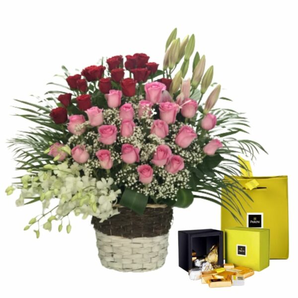 Basket of Roses Lilies Orchids Patchi Chocolate