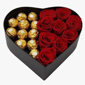 Send a heart box of 9 red roses and Ferrero chocolate