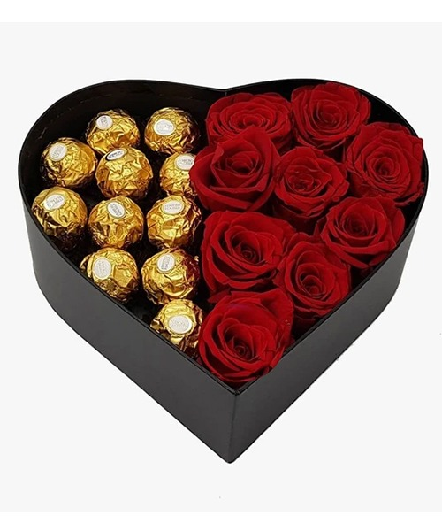 Send a heart box of 9 red roses and Ferrero chocolate