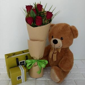 Red Roses Bouquet with Patchi Teddy