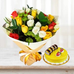 Bright Flower Bouquet and Cake Delivery
