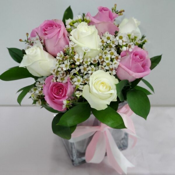 White and Pink Roses in Short Vase