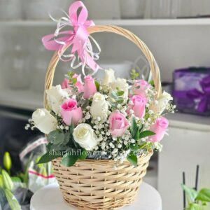 pink white roses basket