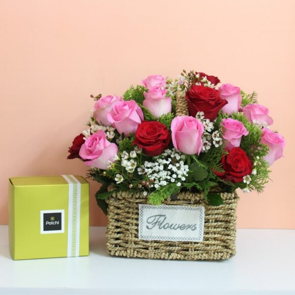 15 Red and Pink Roses in Basket Patchi Brand Chocolate
