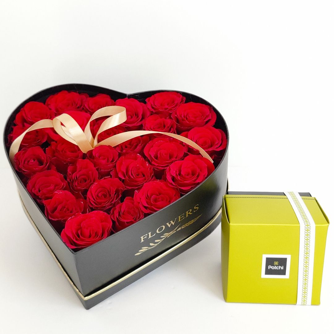 24 Red Roses in Black Heart Box Patchi Chocolate