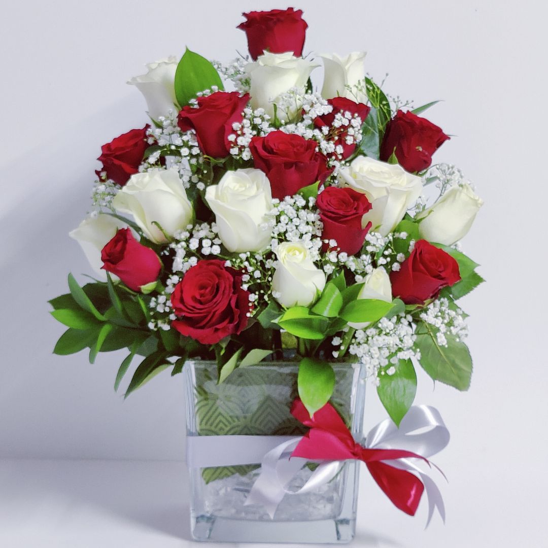 20 red and white roses in short vase