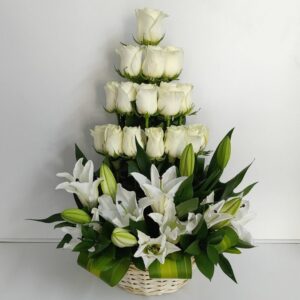Basket of White Roses and Lilies
